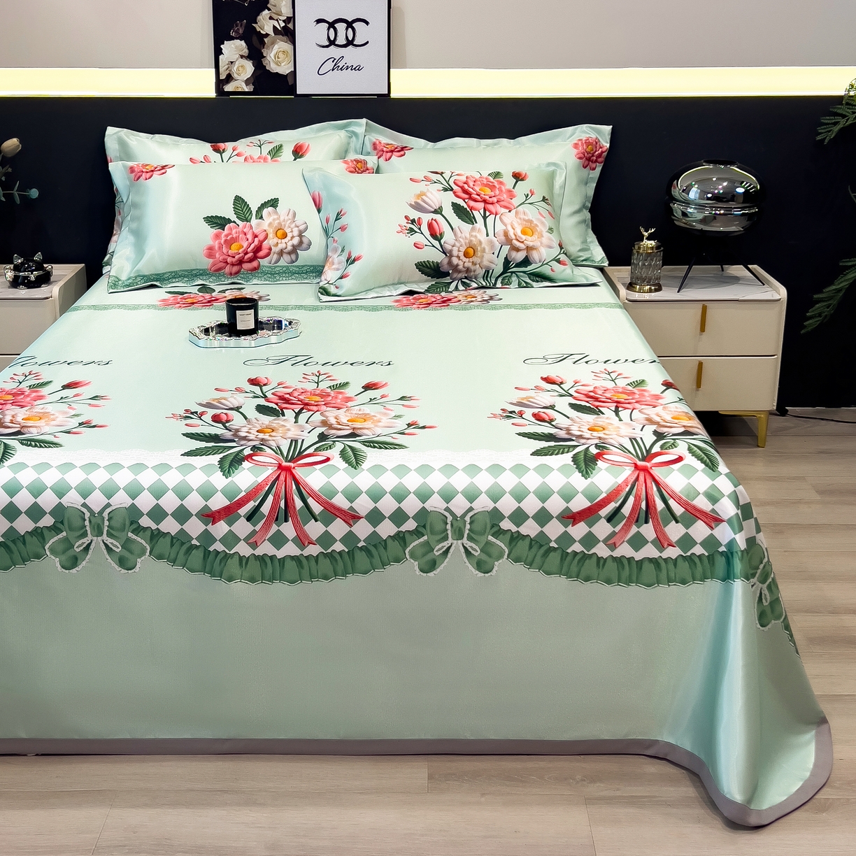 91家纺网 家纺一手货源 找家纺 许林 2026新款冰丝凉席床单款凉席三件套 晴溪