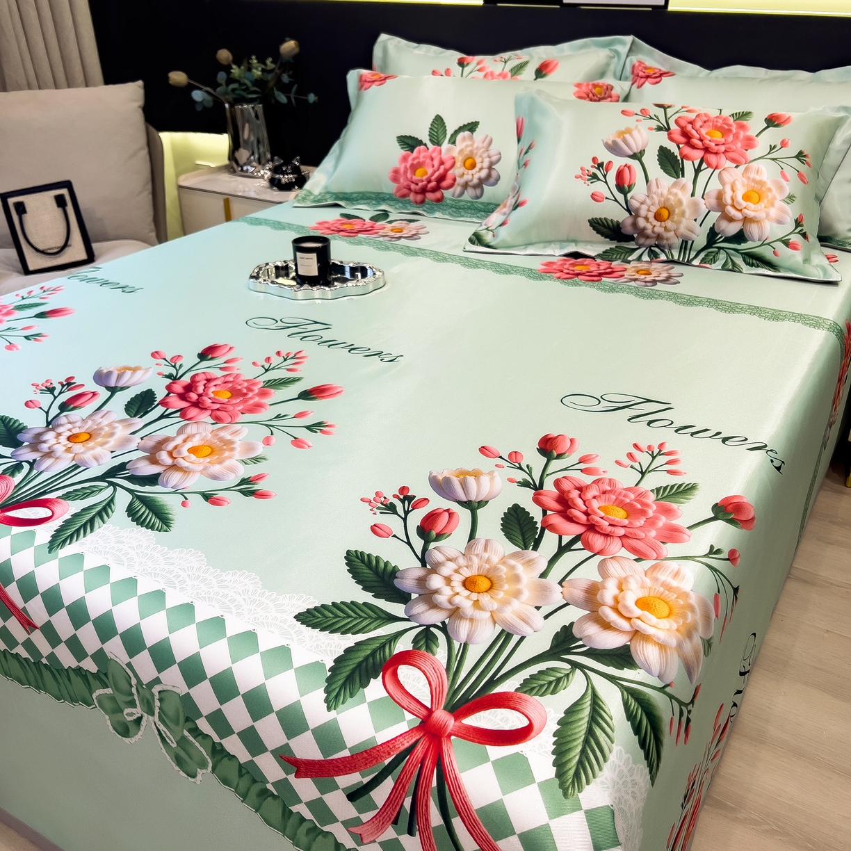 91家纺网 家纺一手货源 找家纺 许林 2026新款冰丝凉席床单款凉席三件套 晴溪