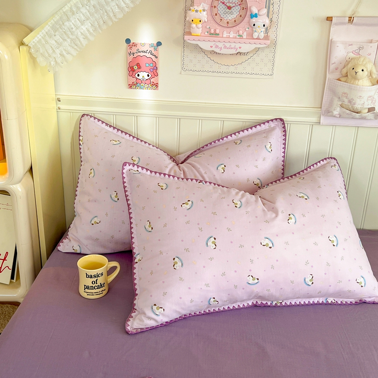 91家纺网 家纺一手货源 找家纺 金丝鸟家纺 2026新款全棉纯棉双层纱贝壳边款四件套 宝妮乐园 紫