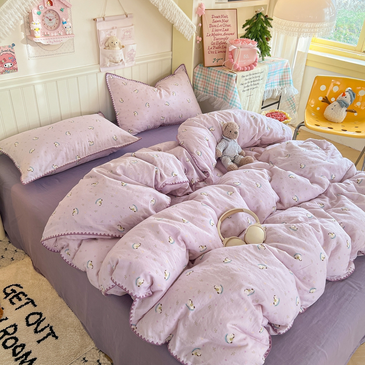 91家纺网 家纺一手货源 找家纺 金丝鸟家纺 2026新款全棉纯棉双层纱贝壳边款四件套 宝妮乐园 紫