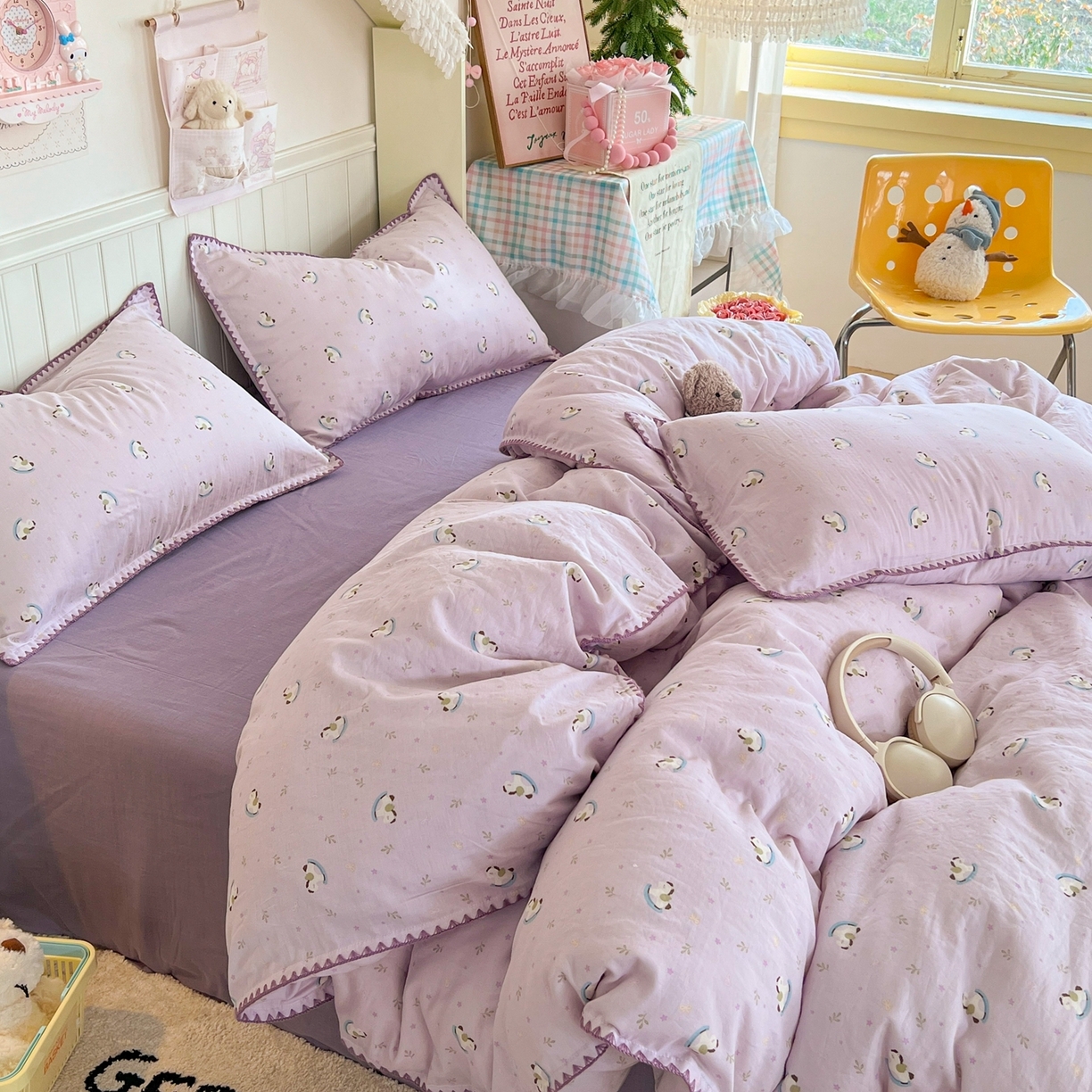 91家纺网 家纺一手货源 找家纺 金丝鸟家纺 2026新款全棉纯棉双层纱贝壳边款四件套 宝妮乐园 紫