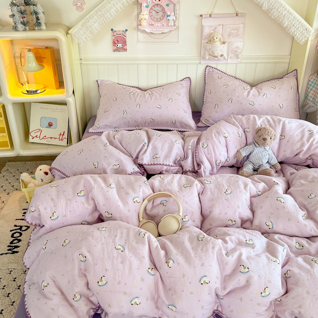 91家纺网 家纺一手货源 找家纺 金丝鸟家纺 2026新款全棉纯棉双层纱贝壳边款四件套 宝妮乐园 紫