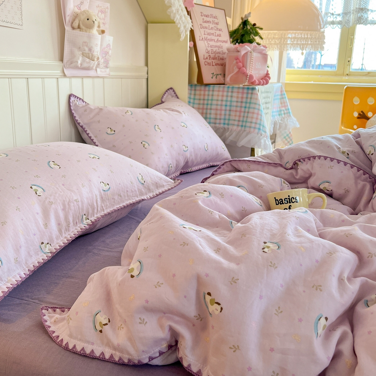 91家纺网 家纺一手货源 找家纺 金丝鸟家纺 2026新款全棉纯棉双层纱贝壳边款四件套 宝妮乐园 紫