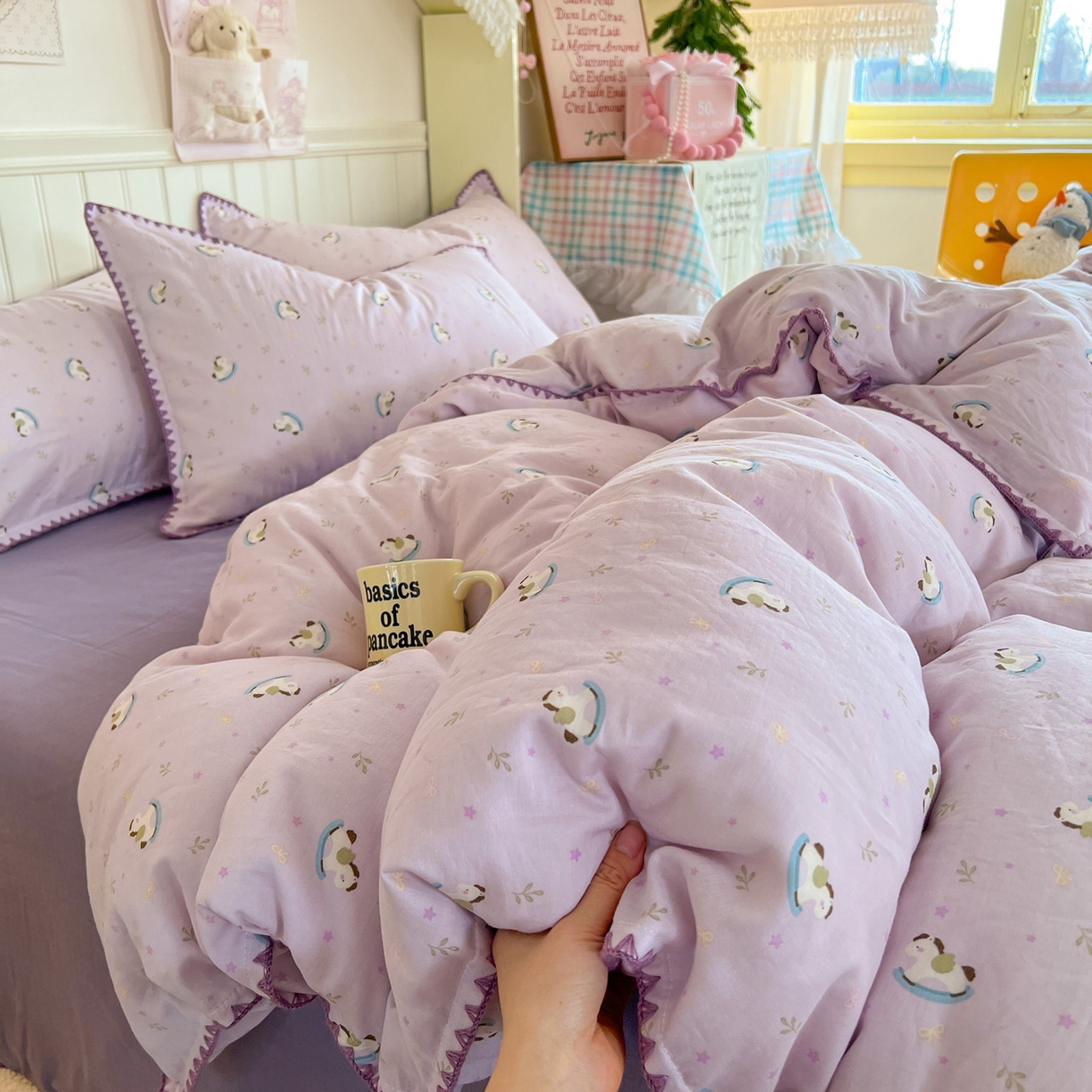 91家纺网 家纺一手货源 找家纺 金丝鸟家纺 2026新款全棉纯棉双层纱贝壳边款四件套 宝妮乐园 紫