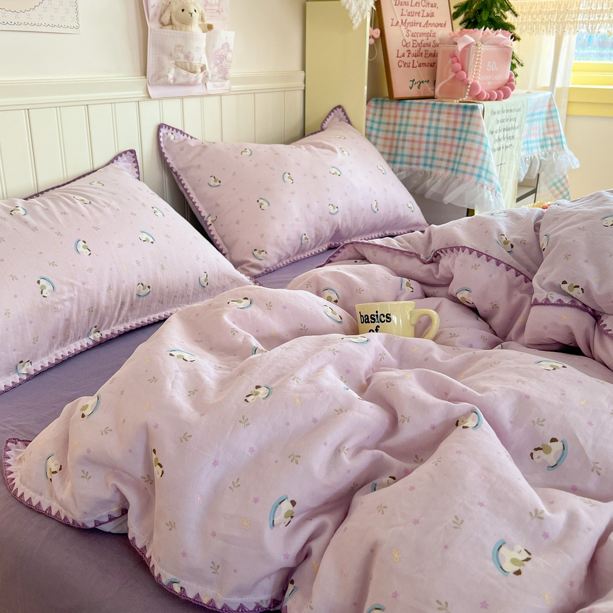 91家纺网 家纺一手货源 找家纺 金丝鸟家纺 2026新款全棉纯棉双层纱贝壳边款四件套 宝妮乐园 紫