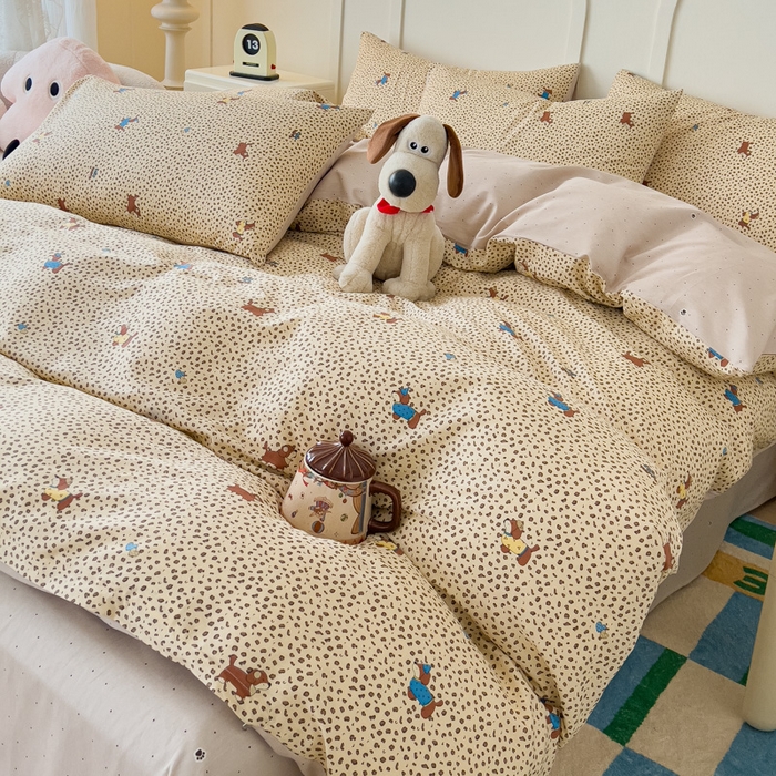 91家纺网 家纺一手货源 找家纺 金丝鸟家纺 2026新款全棉纯棉斜纹特价款四件套 奶霜犬影