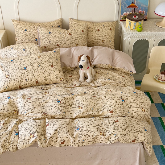 91家纺网 家纺一手货源 找家纺 金丝鸟家纺 2026新款全棉纯棉斜纹特价款四件套 奶霜犬影