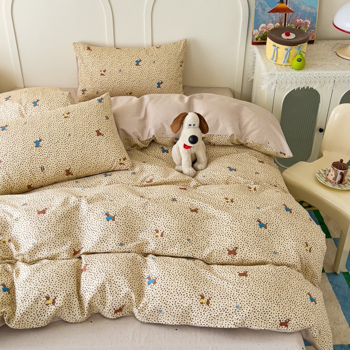 91家纺网 家纺一手货源 找家纺 金丝鸟家纺 2026新款全棉纯棉斜纹特价款四件套 奶霜犬影