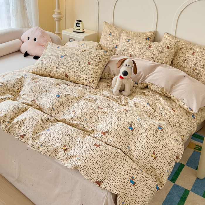 91家纺网 家纺一手货源 找家纺 金丝鸟家纺 2026新款全棉纯棉斜纹特价款四件套 奶霜犬影