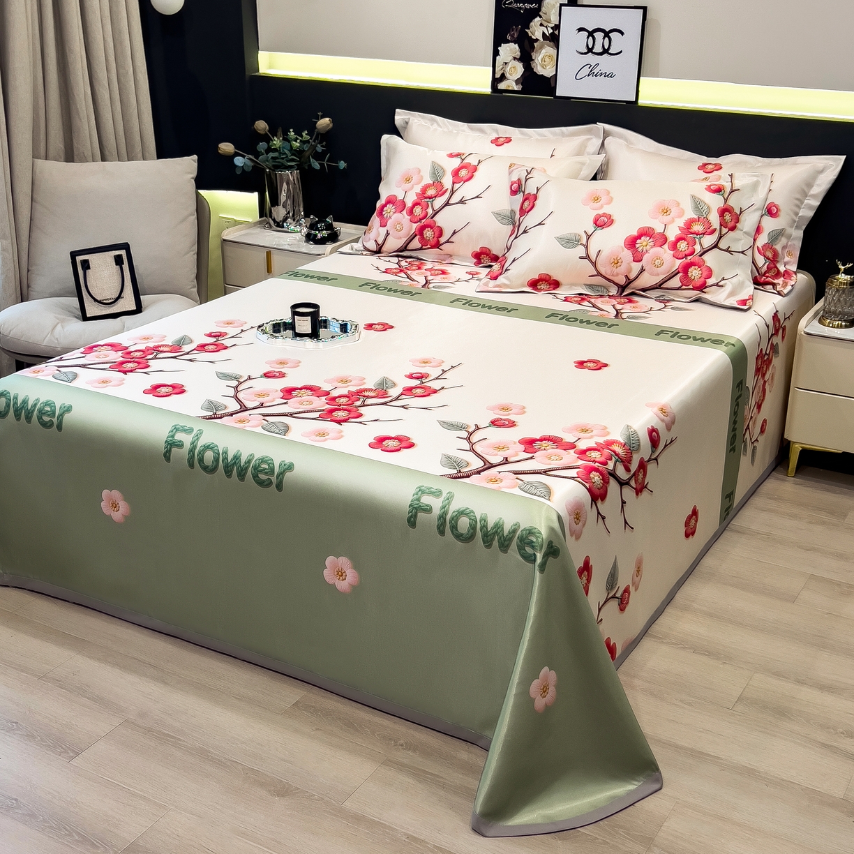 91家纺网 家纺一手货源 找家纺 许林 2026新款冰丝凉席床单款凉席三件套 桃花姬