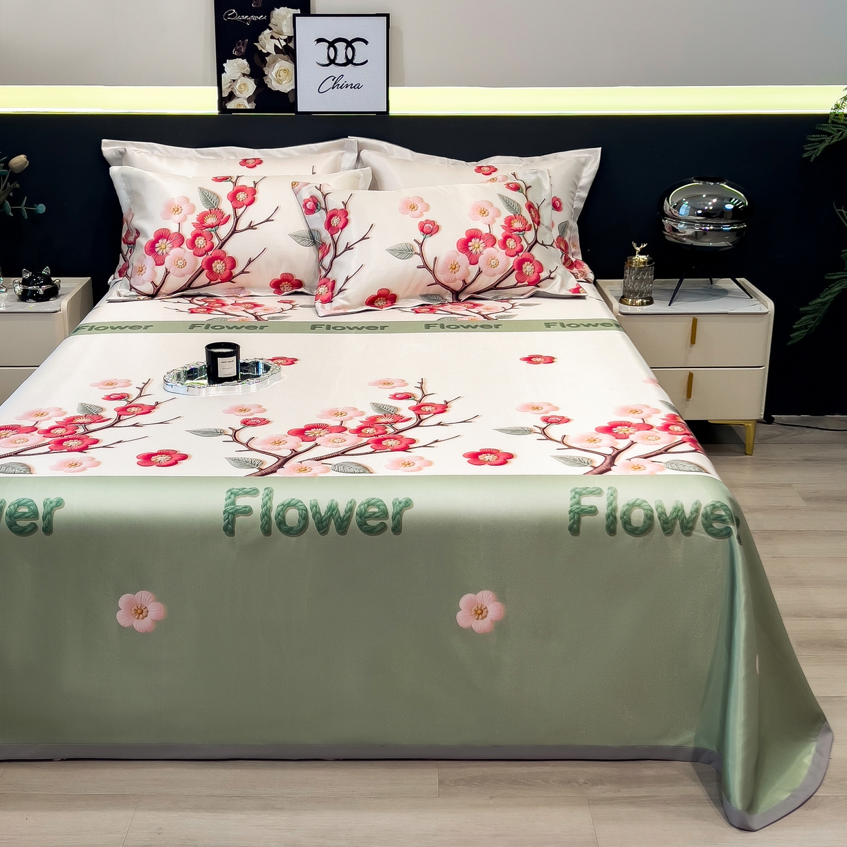 91家纺网 家纺一手货源 找家纺 许林 2026新款冰丝凉席床单款凉席三件套 桃花姬