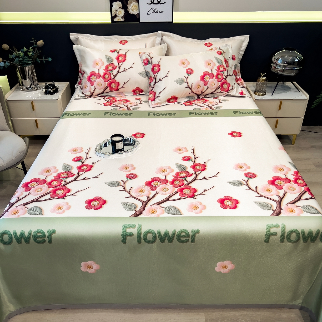 91家纺网 家纺一手货源 找家纺 许林 2026新款冰丝凉席床单款凉席三件套 桃花姬