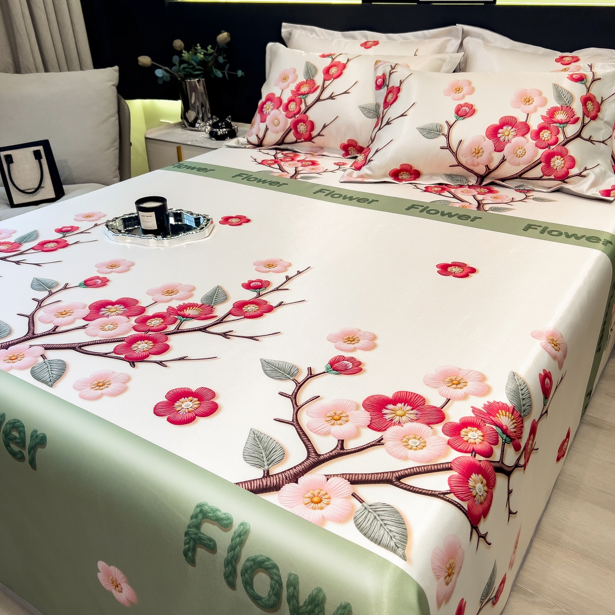 91家纺网 家纺一手货源 找家纺 许林 2026新款冰丝凉席床单款凉席三件套 桃花姬