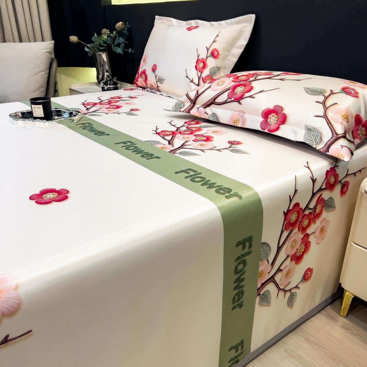 91家纺网 家纺一手货源 找家纺 许林 2026新款冰丝凉席床单款凉席三件套 桃花姬