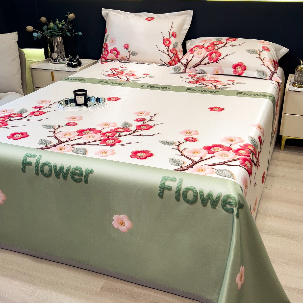 91家纺网 家纺一手货源 找家纺 许林 2026新款冰丝凉席床单款凉席三件套 桃花姬