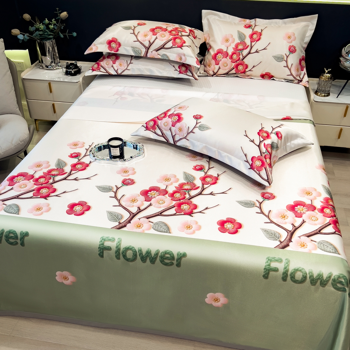 91家纺网 家纺一手货源 找家纺 许林 2026新款冰丝凉席床单款凉席三件套 桃花姬