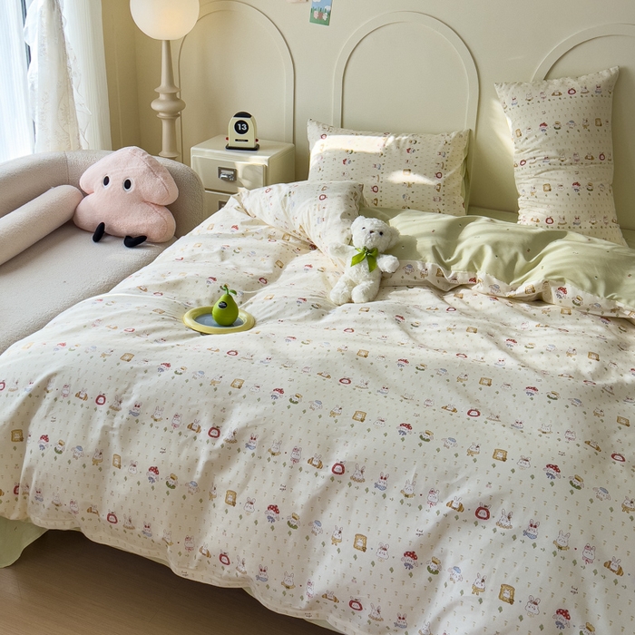 91家纺网 家纺一手货源 找家纺 金丝鸟家纺 2026新款全棉纯棉斜纹特价款四件套 欧包小奶兔