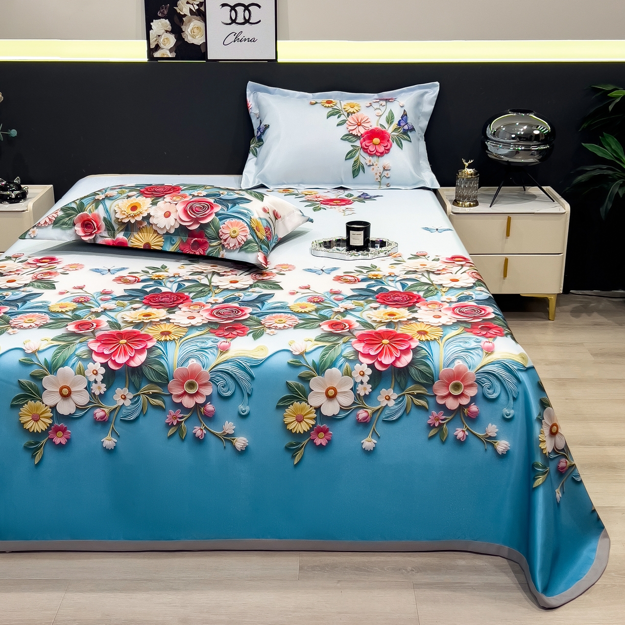 91家纺网 家纺一手货源 找家纺 许林 2026新款冰丝凉席床单款凉席三件套 晚棠