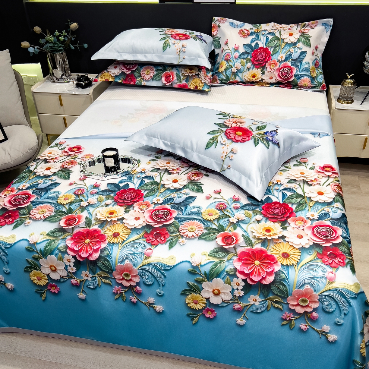 91家纺网 家纺一手货源 找家纺 许林 2026新款冰丝凉席床单款凉席三件套 晚棠