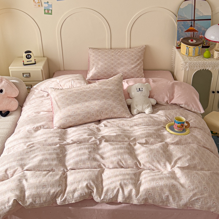 金丝鸟家纺 2026新款全棉纯棉斜纹特价款四件套 浅茶春樱 粉