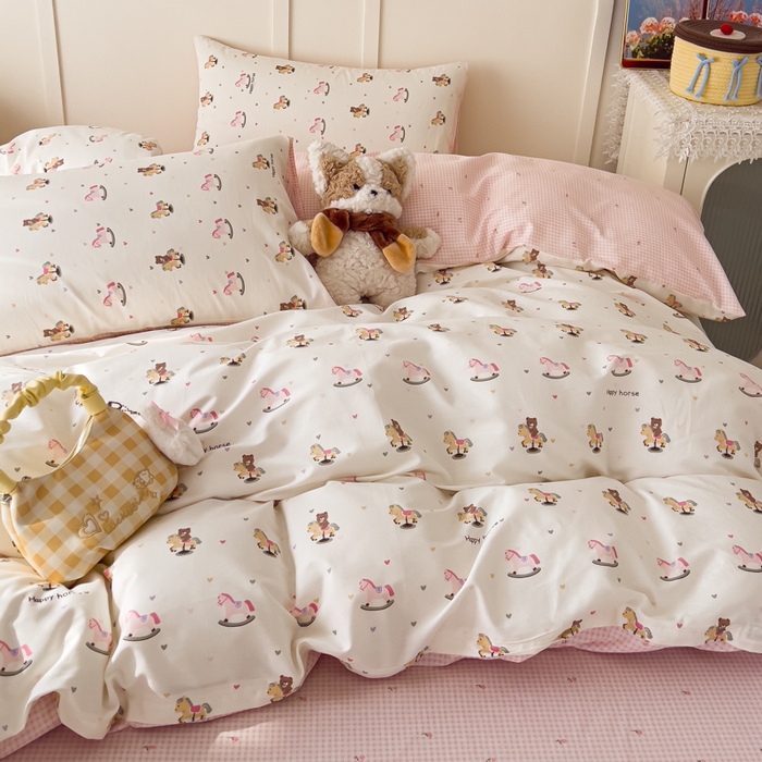 91家纺网 家纺一手货源 找家纺 金丝鸟家纺 2026新款全棉纯棉斜纹特价款四件套 跳跳马