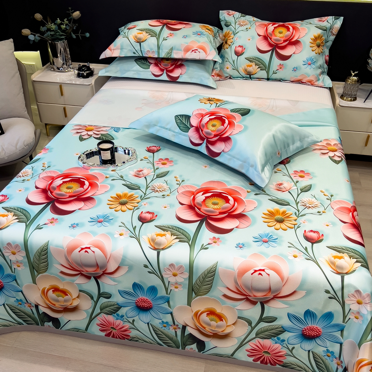 91家纺网 家纺一手货源 找家纺 许林 2026新款冰丝凉席床单款凉席三件套 芸白