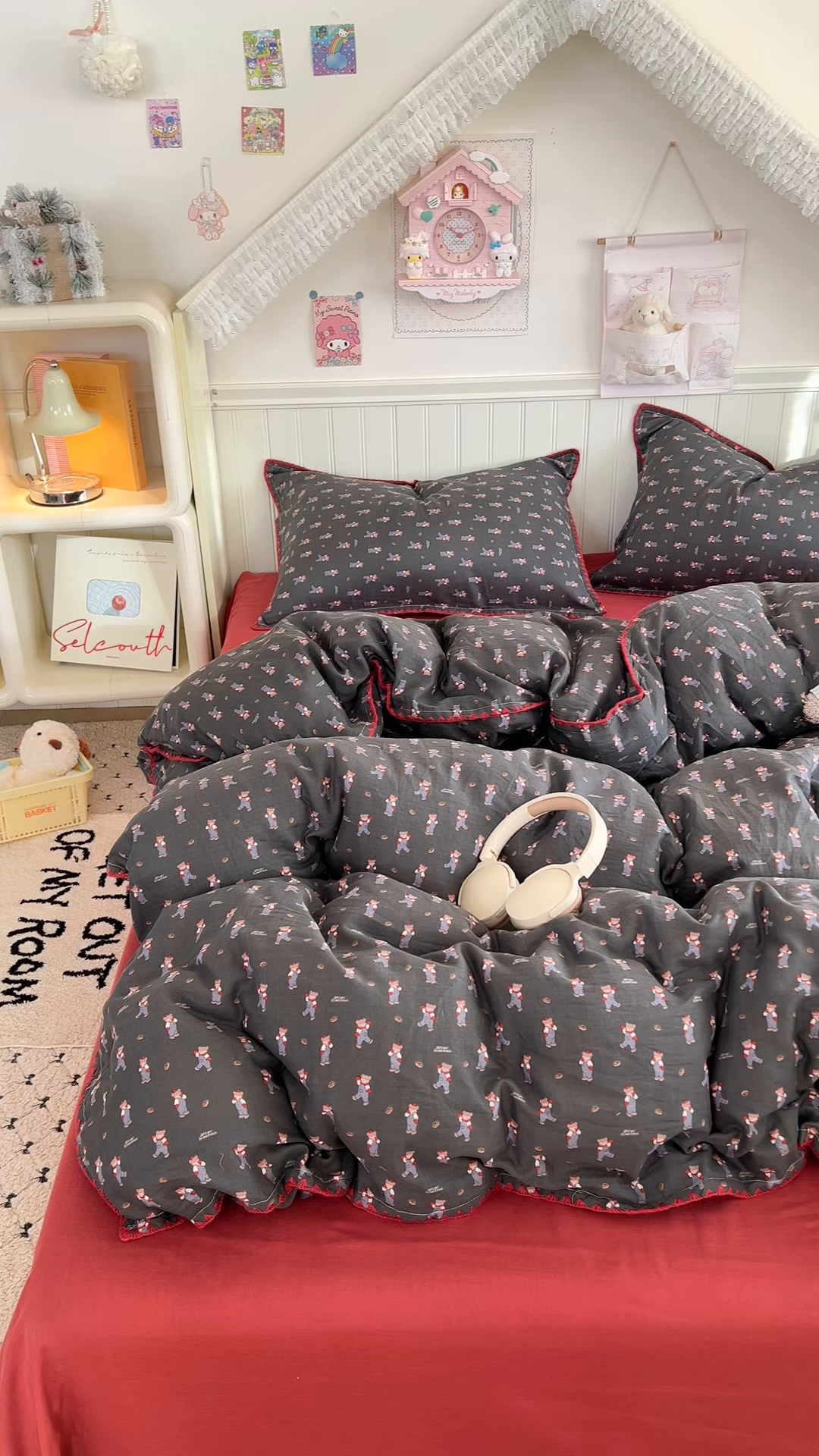 91家纺网 家纺一手货源 找家纺 金丝鸟家纺 2026新款全棉纯棉双层纱贝壳边款四件套 麦田熊熊 灰