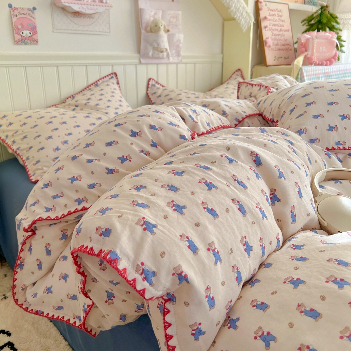 金丝鸟家纺 2026新款全棉纯棉双层纱贝壳边款四件套 麦田熊熊 米