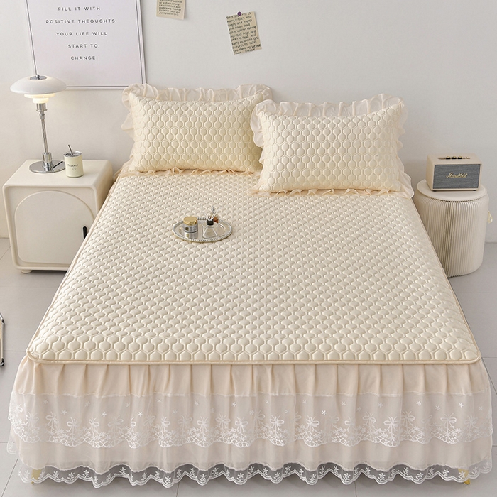 91家纺网 家纺一手货源 找家纺 畅畅家纺 2026新夏季款凉感丝乳胶床裙凉席两件套三件套唯美系列 唯美-淡奶黄