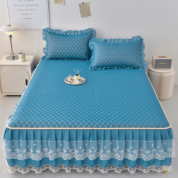 91家纺网 家纺一手货源 找家纺 畅畅家纺 2026新夏季款凉感丝乳胶床裙凉席两件套三件套唯美系列 唯美-海天蓝