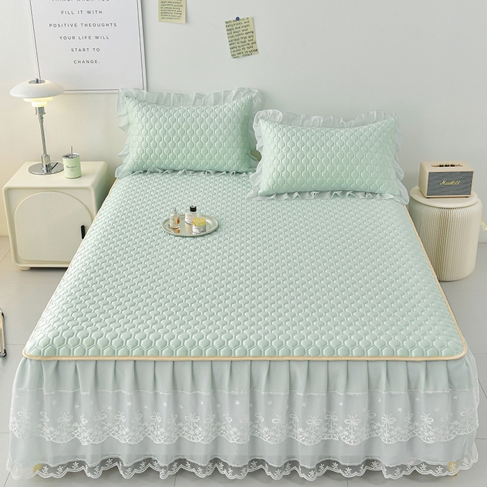 91家纺网 家纺一手货源 找家纺 畅畅家纺 2026新夏季款凉感丝乳胶床裙凉席两件套三件套唯美系列 唯美-青柠绿