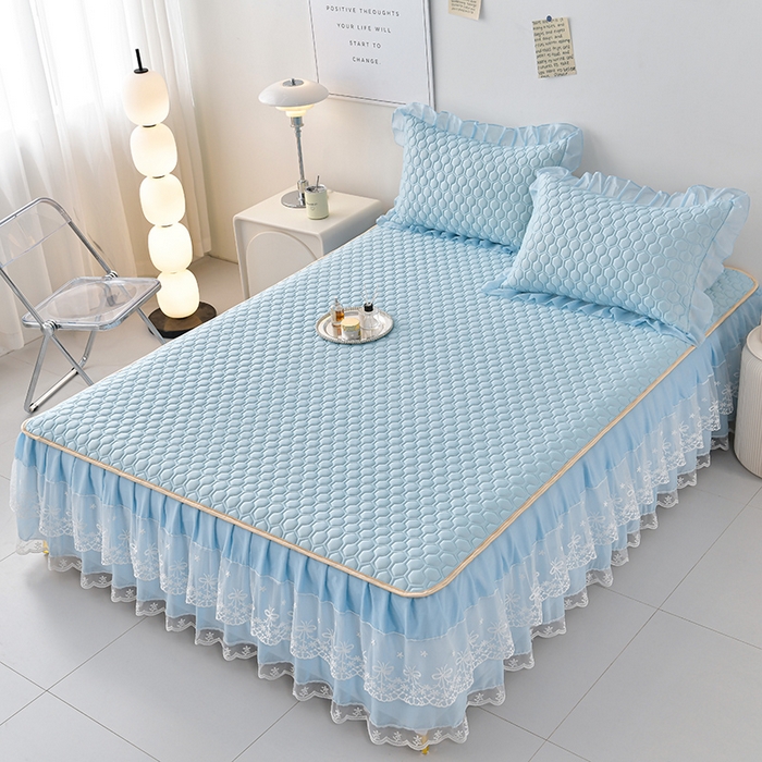 91家纺网 家纺一手货源 找家纺 畅畅家纺 2026新夏季款凉感丝乳胶床裙凉席两件套三件套唯美系列 唯美-天蓝