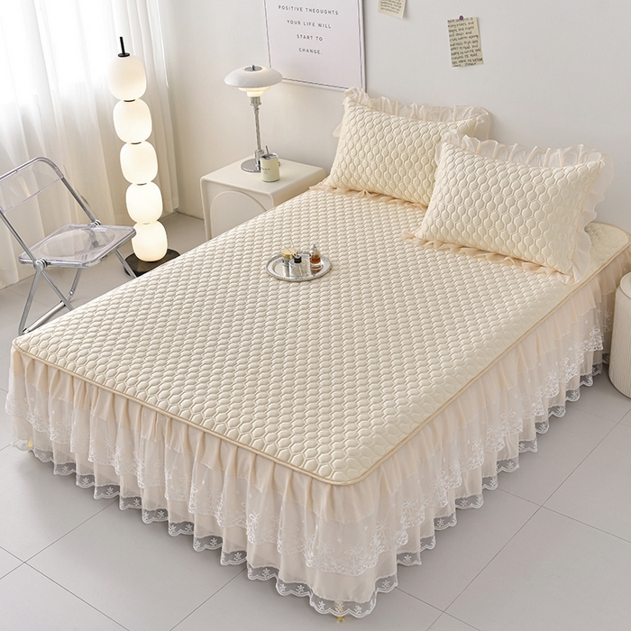 91家纺网 家纺一手货源 找家纺 畅畅家纺 2026新夏季款凉感丝乳胶床裙凉席两件套三件套唯美系列 唯美-淡奶黄