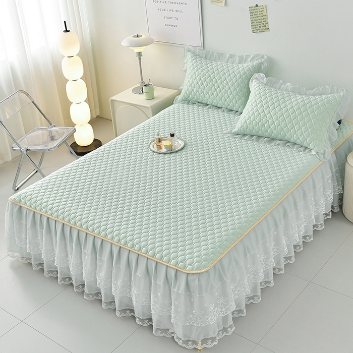 91家纺网 家纺一手货源 找家纺 畅畅家纺 2026新夏季款凉感丝乳胶床裙凉席两件套三件套唯美系列 唯美-青柠绿