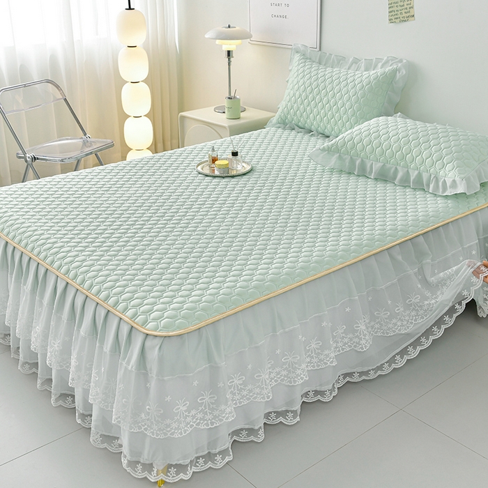 91家纺网 家纺一手货源 找家纺 畅畅家纺 2026新夏季款凉感丝乳胶床裙凉席两件套三件套唯美系列 唯美-青柠绿