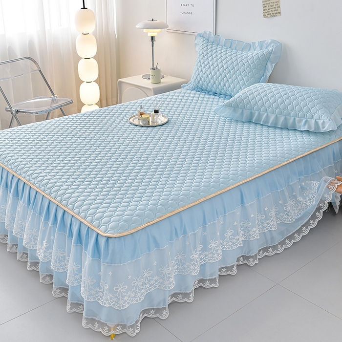 91家纺网 家纺一手货源 找家纺 畅畅家纺 2026新夏季款凉感丝乳胶床裙凉席两件套三件套唯美系列 唯美-天蓝