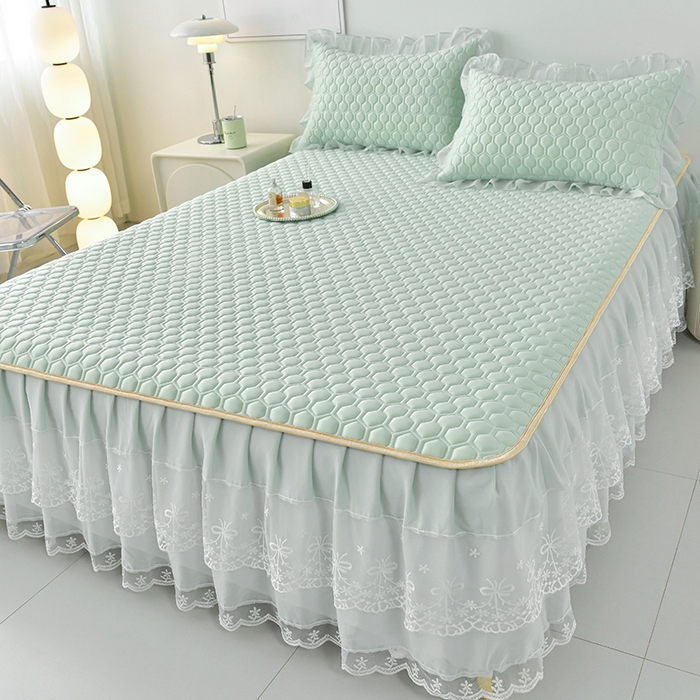 91家纺网 家纺一手货源 找家纺 畅畅家纺 2026新夏季款凉感丝乳胶床裙凉席两件套三件套唯美系列 唯美-青柠绿