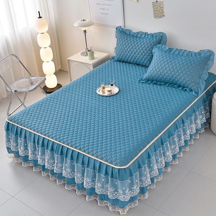 91家纺网 家纺一手货源 找家纺 畅畅家纺 2026新夏季款凉感丝乳胶床裙凉席两件套三件套唯美系列 唯美-海天蓝