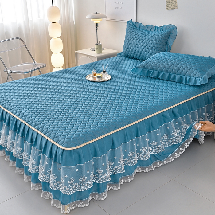 91家纺网 家纺一手货源 找家纺 畅畅家纺 2026新夏季款凉感丝乳胶床裙凉席两件套三件套唯美系列 唯美-海天蓝