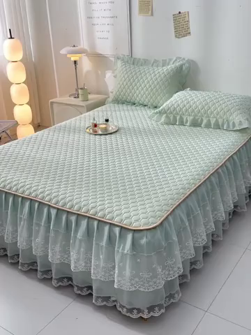 91家纺网 家纺一手货源 找家纺 畅畅家纺 2026新夏季款凉感丝乳胶床裙凉席两件套三件套唯美系列 唯美-青柠绿