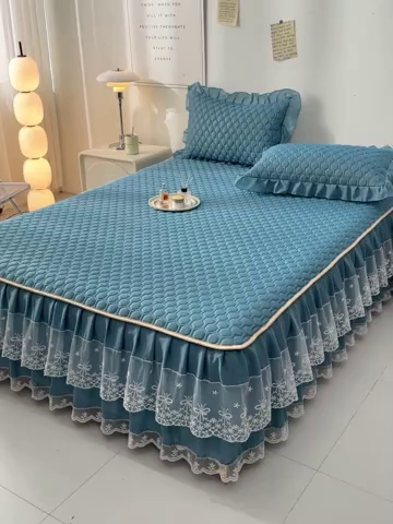 91家纺网 家纺一手货源 找家纺 畅畅家纺 2026新夏季款凉感丝乳胶床裙凉席两件套三件套唯美系列 唯美-海天蓝