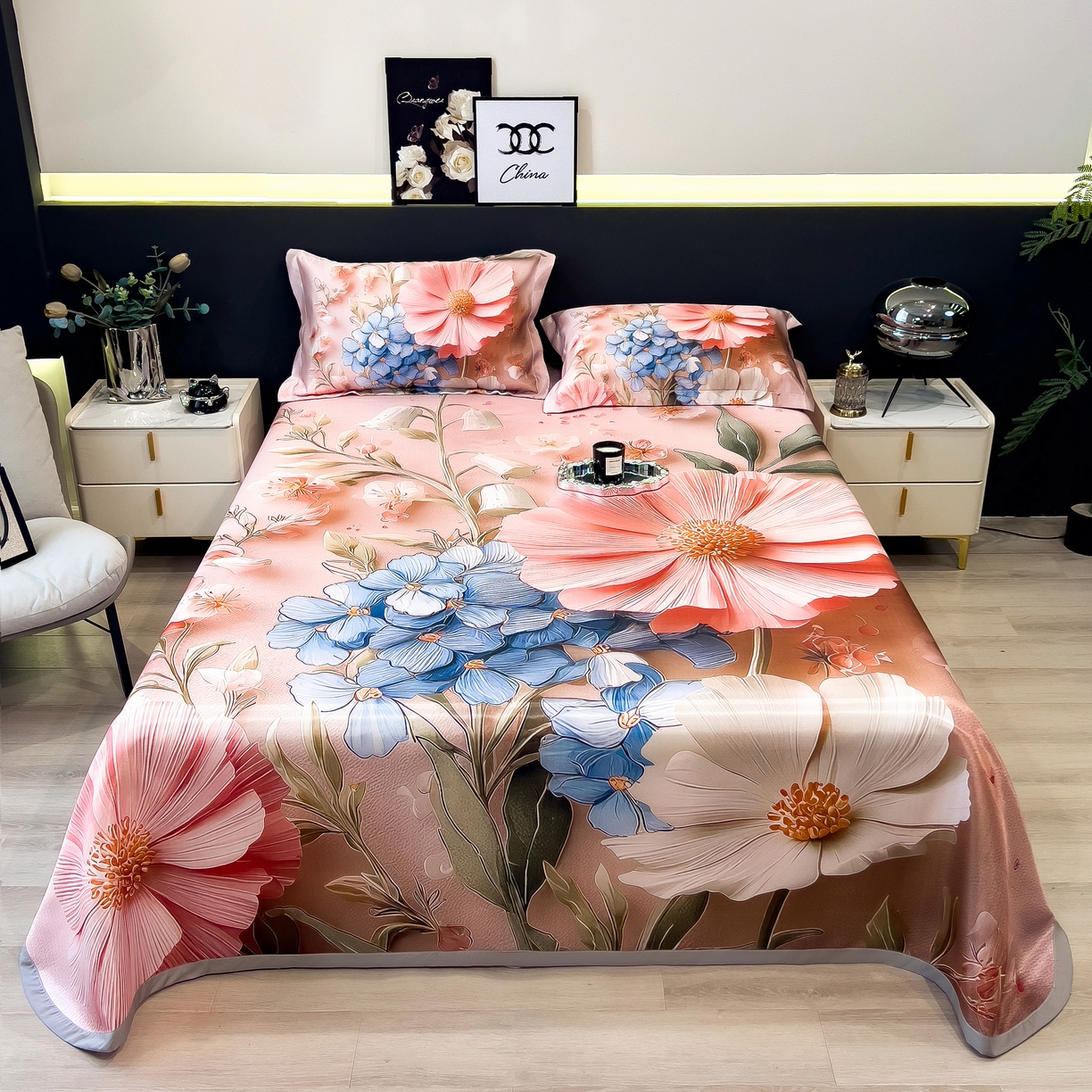 91家纺网 家纺一手货源 找家纺 许林家纺 2026爆款数码印花大版高克重冰丝凉席 花楹