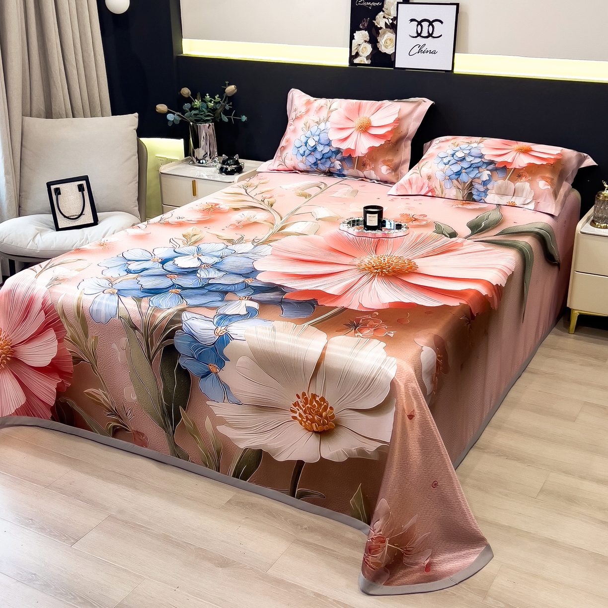 91家纺网 家纺一手货源 找家纺 许林家纺 2026爆款数码印花大版高克重冰丝凉席 花楹