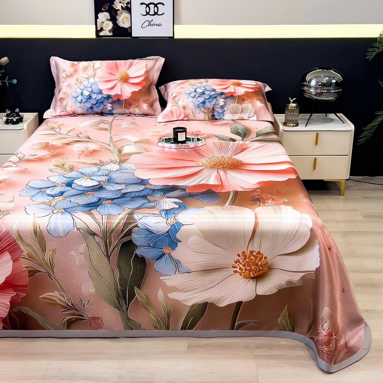 91家纺网 家纺一手货源 找家纺 许林家纺 2026爆款数码印花大版高克重冰丝凉席 花楹