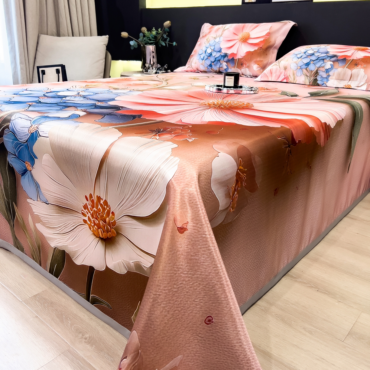 91家纺网 家纺一手货源 找家纺 许林家纺 2026爆款数码印花大版高克重冰丝凉席 花楹