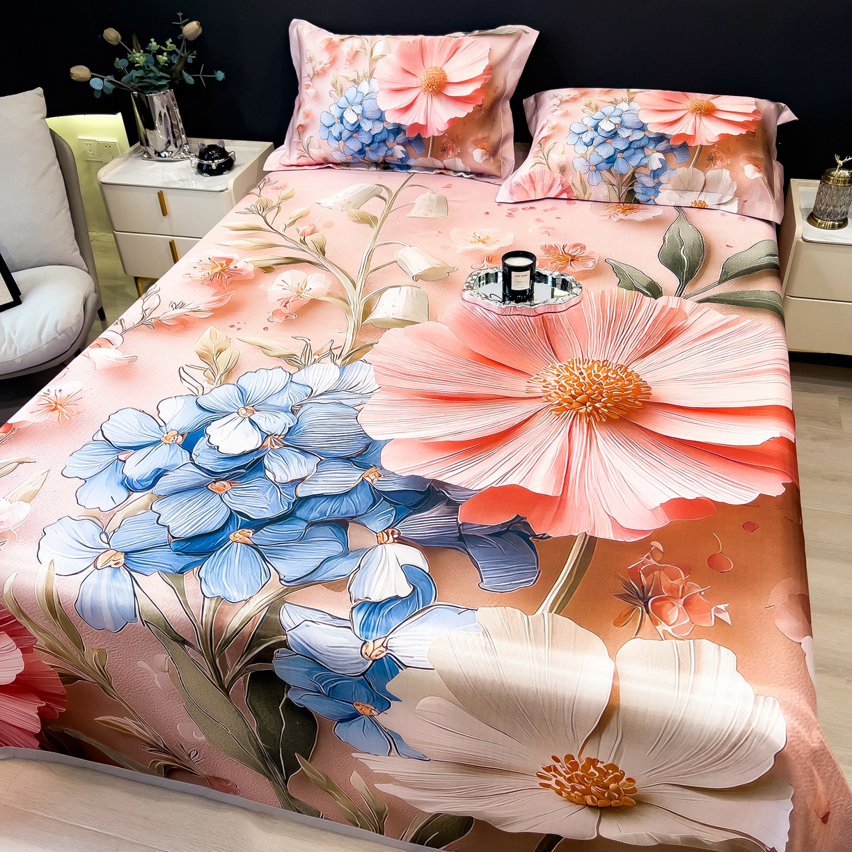 91家纺网 家纺一手货源 找家纺 许林家纺 2026爆款数码印花大版高克重冰丝凉席 花楹