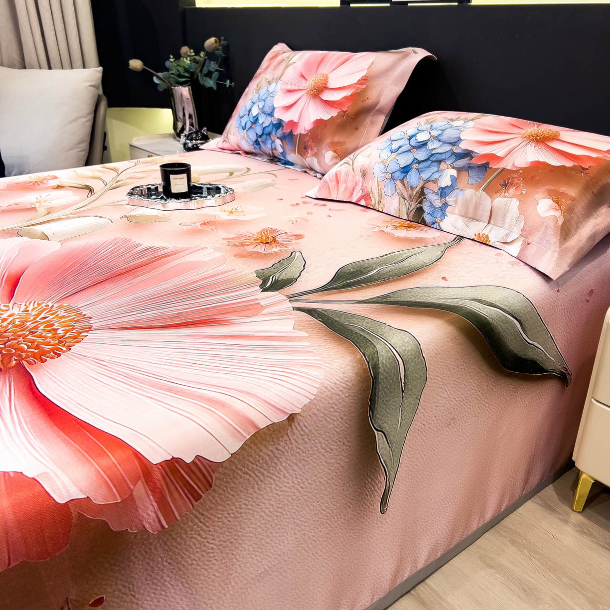 91家纺网 家纺一手货源 找家纺 许林家纺 2026爆款数码印花大版高克重冰丝凉席 花楹