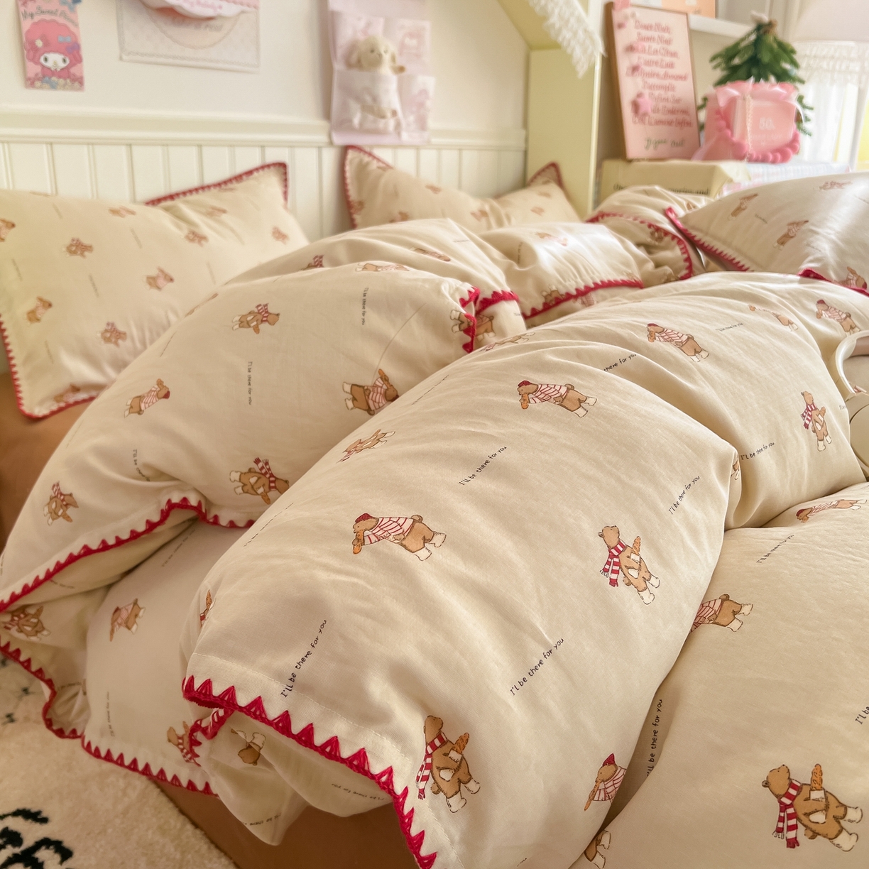 金丝鸟家纺 2026新款全棉纯棉双层纱贝壳边款四件套 面包熊熊 咖