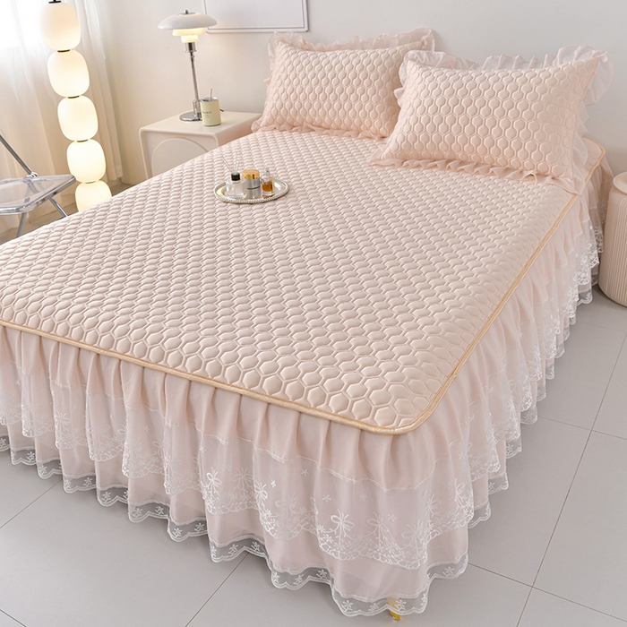 91家纺网 家纺一手货源 找家纺 畅畅家纺 2026新夏季款凉感丝乳胶床裙凉席两件套三件套唯美系列 唯美-淡雅粉