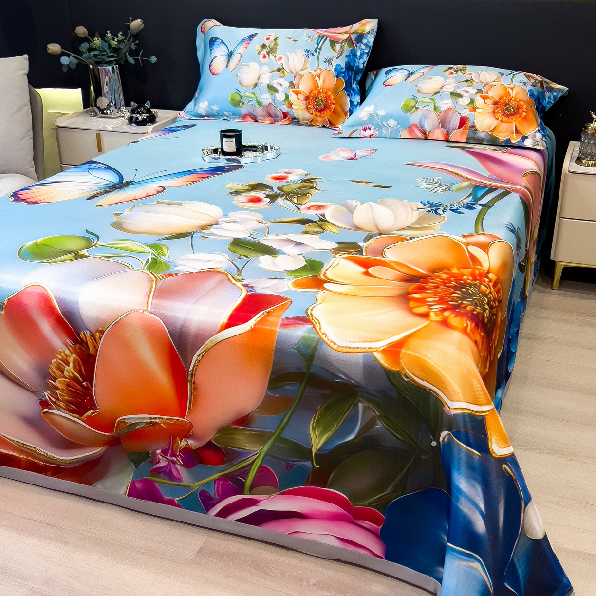 91家纺网 家纺一手货源 找家纺 许林家纺 2026爆款数码印花大版高克重冰丝凉席 绿野晴风